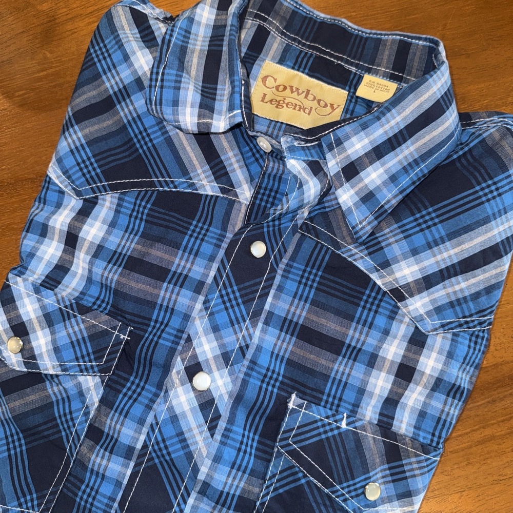 Cowboy Legend Men's L Blue Black Plaid Pearl Snap Western Shirt Short Sleeve